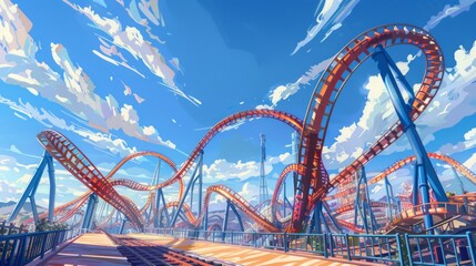 Roller Coaster Soaring Through Clouds - obrazy, fototapety, plakaty