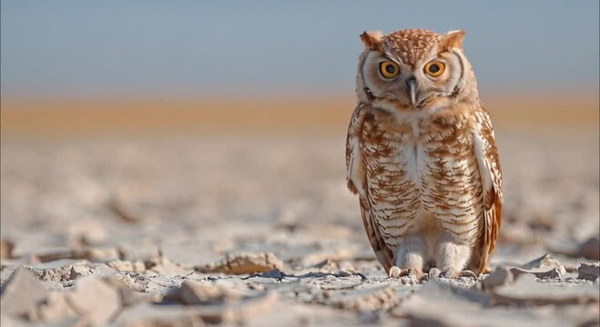 an owl on dry, cracked ground footage