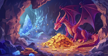 Red Dragon on Pile of Gold Coins - obrazy, fototapety, plakaty