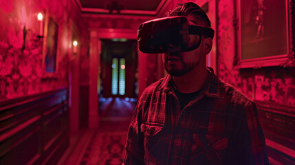 Obraz premium Through the lenses of his VR headset, a gamer explores the eerie corridors of a haunted mansion, where every creak and whisper sends shivers down his spine.