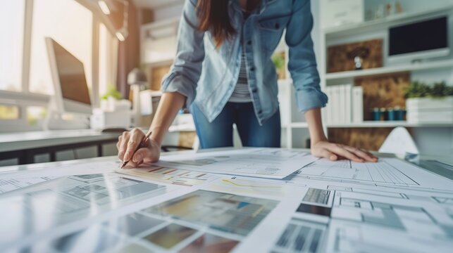 Woman Standing Over Table Covered in Pictures
