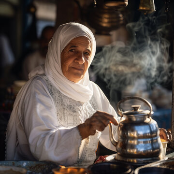 senior arab woman pouring coffee from the pot into a cup