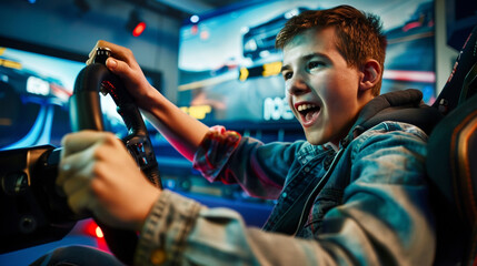 With a look of excitement, a gamer races against the clock in a high-speed driving game, his hands gripping the controller tightly as he drifts around corners and accelerates down