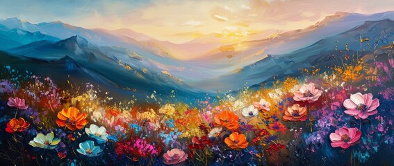 Fototapeta na wymiar landscape of multicolored flowers watercolor painting style