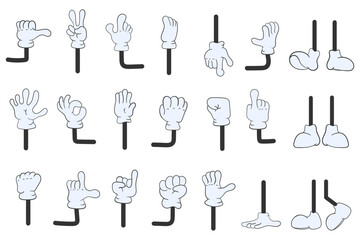 Cartoon gloved arm on white background in hand drawn style. Comic hands in gloves, retro doodle arms with different gestures icons set. Gesture hand finger count, thumb gesturing. Vector illustration.