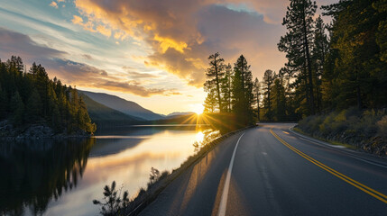 Lake and road at sunset. Generative Ai - obrazy, fototapety, plakaty