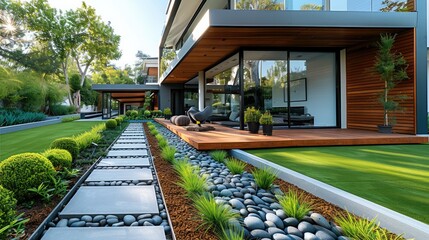 Contemporary Lawn Turf with Wooden Edging in Front Yard of Modern House. Artificial Grass with Clean Design and Boundary Decoration. Generative AI. - obrazy, fototapety, plakaty