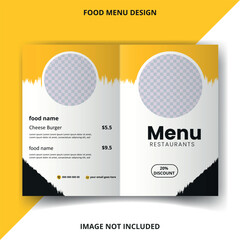 Modern bi fold restaurant food menu design corporate and business fast food menu card design layout editable vector file with black and yellow color 