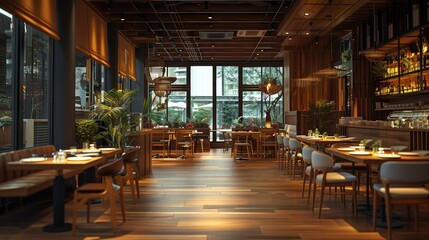 Fototapeta na wymiar A very modern and large restaurant area. Dark wooden furniture. Generative AI.