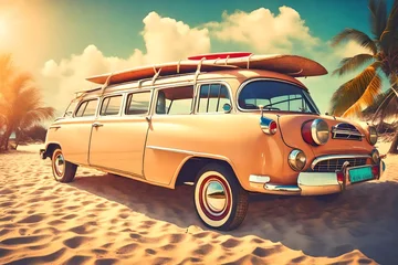  vintage car parked on the tropical beach (seaside) with a surfboard on the roof - Leisure trip in the summer. retro color effect © Maryam