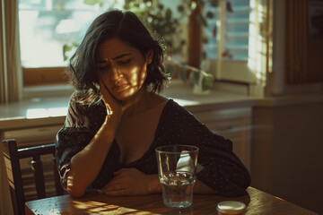 A close-up image of a woman with a stomach ache sitting on kitchen - obrazy, fototapety, plakaty