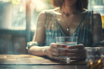 A close-up image of a woman with a stomach ache sitting on kitchen