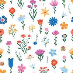 Obraz premium Spring wildflowers seamless pattern, floral repeat surface print for wallpaper, textile prints, stationary, wrapping paper, packaging, etc. EPS 10