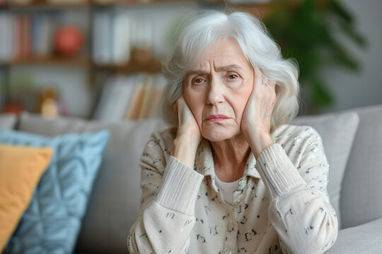 Sad elder woman on the sofa
