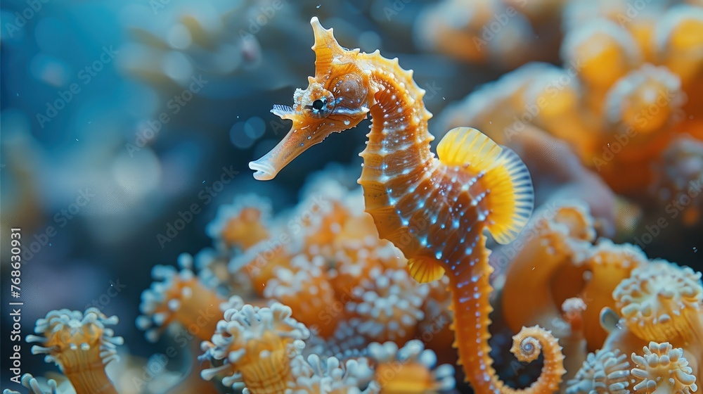 Wall mural A seahorse daddy is looking after his babies, coral reef, blue sea. Generative AI.