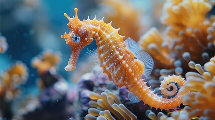 A seahorse daddy is looking after his babies, coral reef, blue sea. Generative AI. - obrazy, fototapety, plakaty