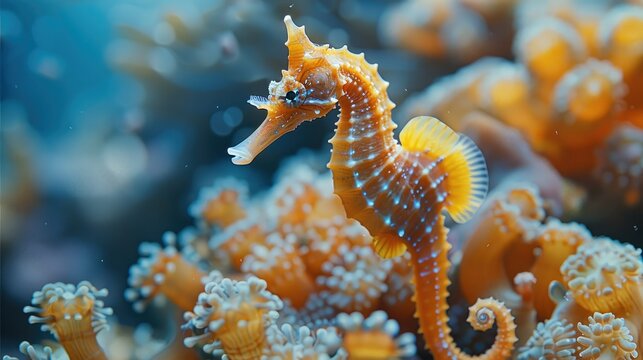 A seahorse daddy is looking after his babies, coral reef, blue sea. Generative AI.