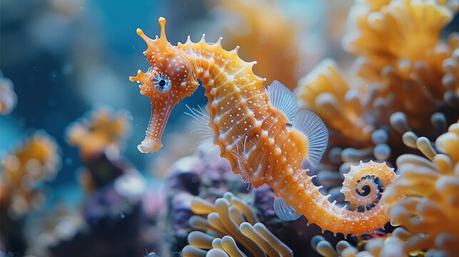 A seahorse daddy is looking after his babies, coral reef, blue sea. Generative AI.