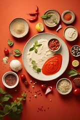 Various middles eastern cooking ingredients, herbs and spices on orange colour background. Overhead view.