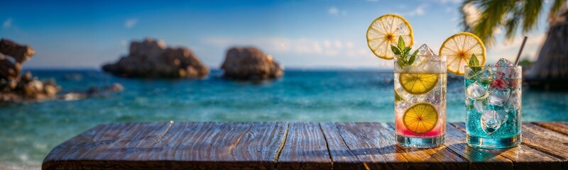 Cocktails at a beach bar at tropical resort. Summer vacation background, website header, banner for travel, tourism, holidays, beach bar, resort, party. Generative AI.	 - obrazy, fototapety, plakaty