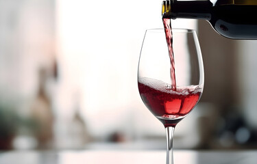 Pouring red wine from bottle into glass on blurred background