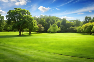 Green Meadow with Trees in the Background. Beautiful spring natural background.