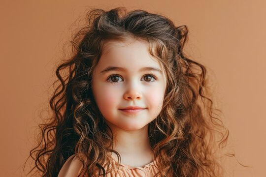 Portrait of a cute little girl with long curly hair on a brown background