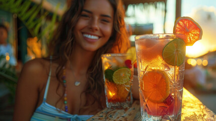 Beautiful young woman drinking cocktail at vacation resort