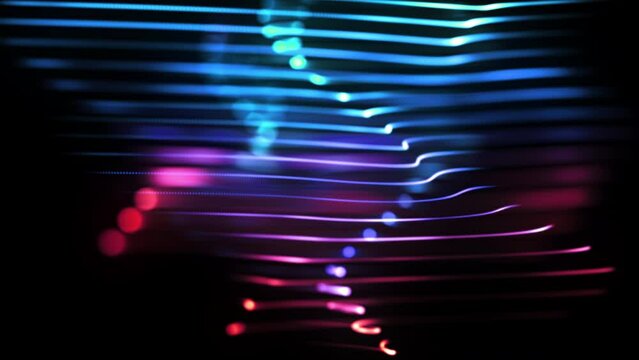 Rotation of 3D bright colored horizontal lines on black background. Abstract concept of artificial intelligence (AI), quantum physics or wave theory. 4K loop animation of vibrant sound waves equalizer