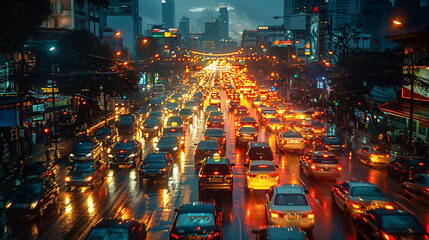 Twilight descends on a bustling city street, as a dense traffic jam illuminates the rainy evening with car headlights..