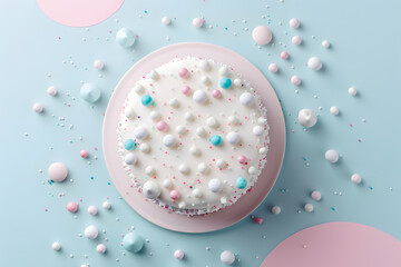 Cake with white whipped cream and colorful sprinkles. Top view isolated on pile blue background - obrazy, fototapety, plakaty