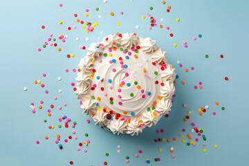 Cake with white whipped cream and colorful sprinkles. Top view isolated on pile blue background - obrazy, fototapety, plakaty