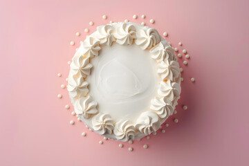 Cake with white whipped cream Top view isolated on pile pink background - obrazy, fototapety, plakaty