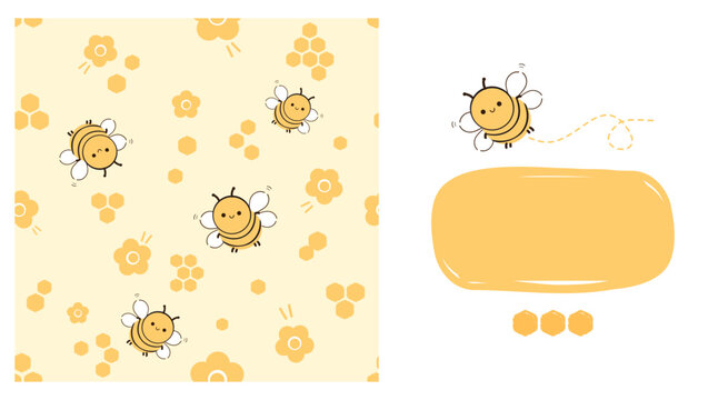 Seamless pattern of beehive honey sign with hexagon grid cells, bee cartoons and cute flower on yellow background. Bee cartoon honey sign vector.