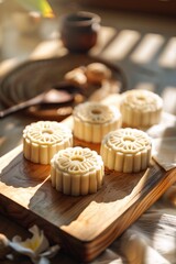 Mooncakes on rustic wooden table top.