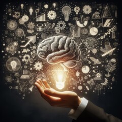 A conceptual image featuring a glowing light bulb cradled by a hand with a detailed brain and various innovation symbols radiating in the background. Suitable for themes of creativity, ideas, and