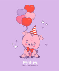 Cute happy pig in birthday cap with balloons. Vector illustration. Festive birthday card with funny cartoon animal character. Kids collection.