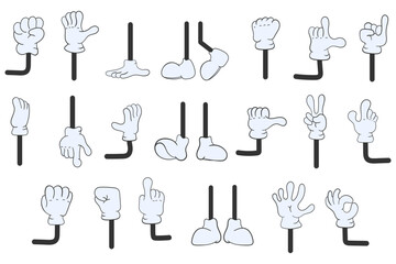 Cartoon gloved arm on white background in hand drawn style. Comic hands in gloves, retro doodle arms with different gestures icons set. Gesture hand finger count, thumb gesturing. Vector illustration. - obrazy, fototapety, plakaty
