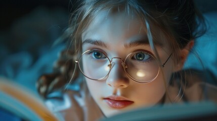 A girl with glasses is reading a book