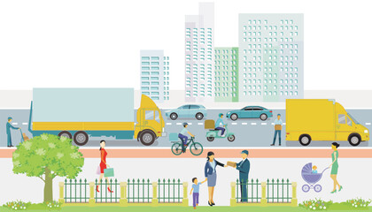 Stadtsilhouette einer Stadt mit Verkehr und Anlieferung illustration - 768632165