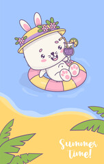 Happy bunny girl with cocktail swims on rubber circle under tropical palm leaves. Funny kawaii animal character. Vector illustration. Summer time vertical postcard.
