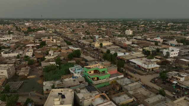 Drone shot of badin pakistan town and road