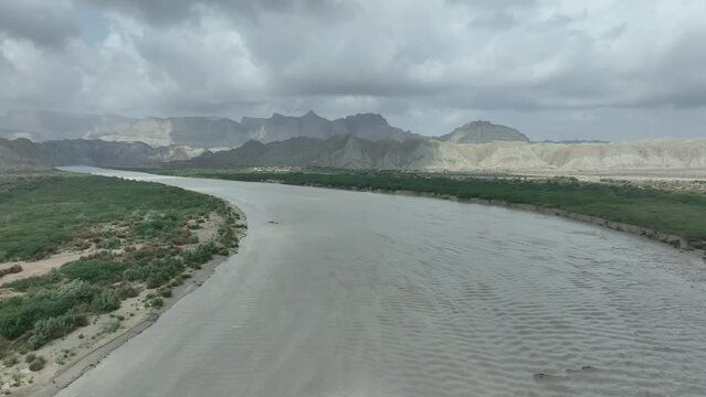 drone flies over river Hingol balochistan - national park