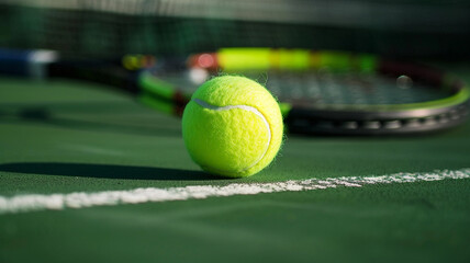 Tennis balls and tennis rackets on a court