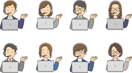 パソコンの前で、笑顔で案内をする若い男女のオペレーターたち