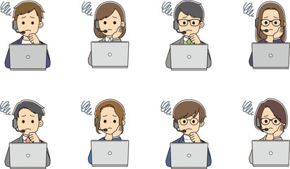 パソコンの前で、困った顔をする若い男女のオペレーターたち