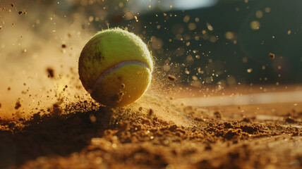 A green tennis ball on a clay court - obrazy, fototapety, plakaty