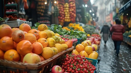 A bustling summer street market with colorful stalls overflowing with fresh fruits, vegetables, and flowers. Generative AI. - obrazy, fototapety, plakaty