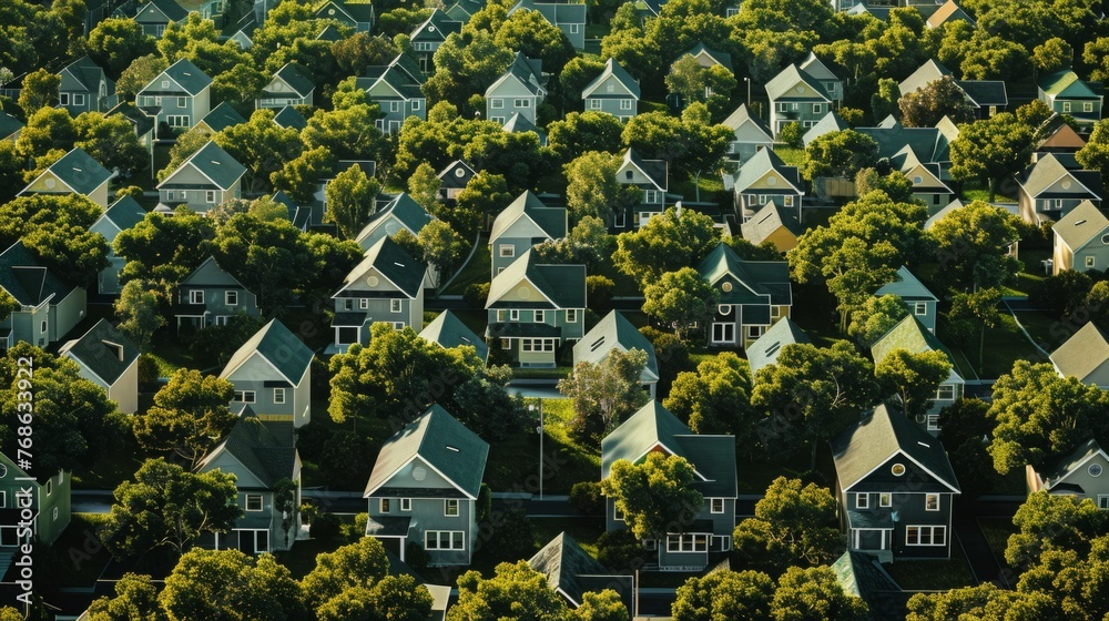 Poster cluster of houses surrounded by trees