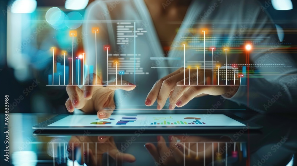 Poster Businessman analysis sales data graph growth on modern interface icons on strategy, Digital online marketing, Solution analysis and development contents on global network connection. Generative AI.
